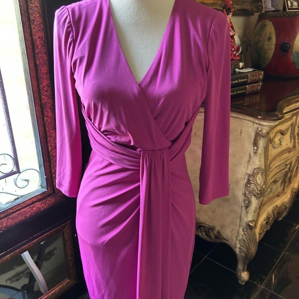 Boston Proper Pink Dress Faux Wrap 3/4 Sleeve Lined Size 8 NWOT Barbiecore